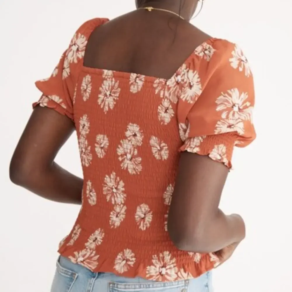 Madewell Georgette Lucie Puff-Sleeve Smocked Bodice Top - Moody Blooms